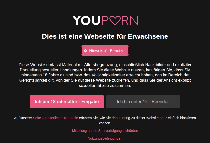 Altersabfrage auf de.youporn.com mit der Schaltfläche Ich bin 18 oder älter